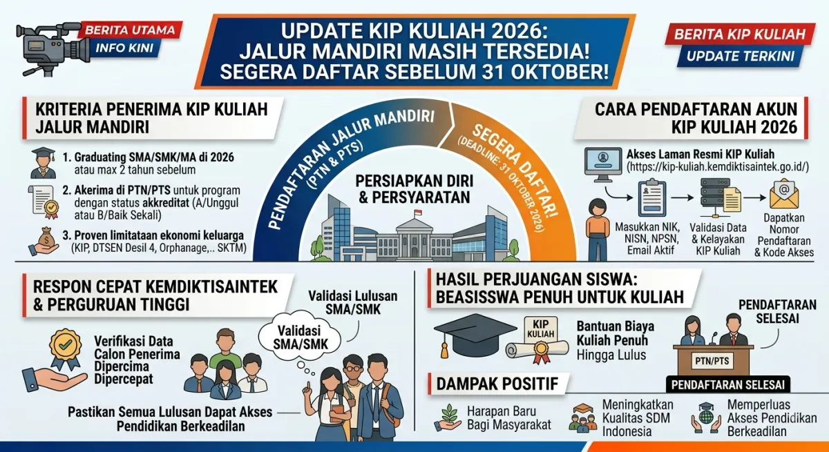 PENDAFTARAN KIP KULIAH 2026 JALUR MANDIRI PTN DAN PTS DIBUKA HINGGA 31 OKTOBER